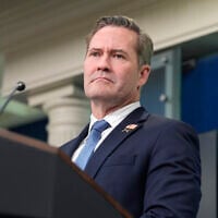 White House National Security Adviser Mike Waltz listens to a question from a reporter in the James Brady Press Briefing Room at the White House in Washington, February 20, 2025. (Alex Brandon/AP)