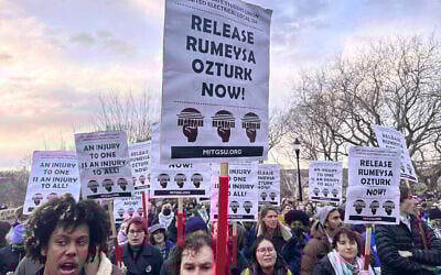 Hundreds of people gather in Somerville, Massachusetts on March 26, 2025, to demand the release of Rumeysa Ozturk, a Turkish student at Tufts University, who was arrested on March 25 by federal agents. (AP Photo/Michael Casey)