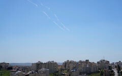 Israeli air defense system fires to intercept missiles that were launched from Yemen, as seen from the West Bank city of Ramallah, March 27, 2025. (AP Photo/Nasser Nasser)