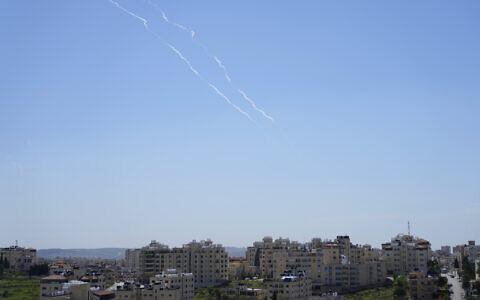 Israeli air defense system fires to intercept missiles that were launched from Yemen, as seen from the West Bank city of Ramallah, March 27, 2025. (AP Photo/Nasser Nasser)