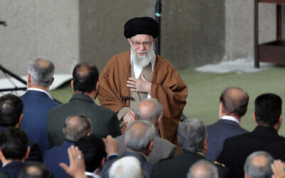 Iranian Supreme Leader Ayatollah Ali Khamenei arrives for Eid al-Fitr prayer marking the end of the Muslims holy fasting month of Ramadan at the Imam Khomeini Grand Mosque in Tehran, Iran, March 31, 2025. (Office of the Iranian Supreme Leader via AP)