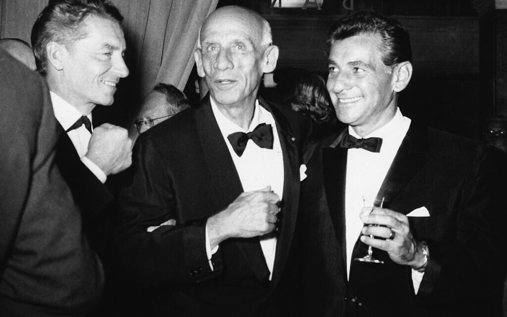From left to right are: Herbert von Karajan, Dimitri Mitropolos and Leonard Bernstein, at a reception in Salzburg, August 25, 1959, following the New York Philharmonic performance. (AP Photo)