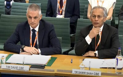 Screen capture of BBC Chair Samir Shah, right, and Director Tim Davie as they speak to the UK parliament's Culture, Media & Sport Committee, March 4, 2025. (YouTube: Used in accordance with Clause 27a of the Copyright Law)