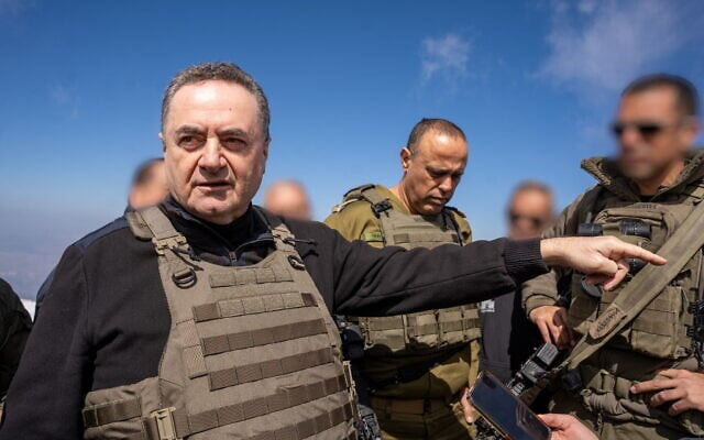 Defense Minister Israel Katz (left) and IDF Deputy Chief of Staff Maj. Gen, Tamir Yadai (right) in the Mount Hermon area in southern Syria, March 11, 2025. (Emanuel Fabian/Times of Israel) Defense Minister Israel Katz (left) and IDF Deputy Chief of Staff Maj. Gen, Tamir Yadai (right) in the Mount Hermon area in southern Syria, March 11, 2025. (Emanuel Fabian/Times of Israel)
