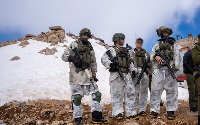 Soldiers of the IDF's Alpinist unit are seen at an IDF post in the Mount Hermon area in southern Syria, March 11, 2025. (Emanuel Fabian/Times of Israel)