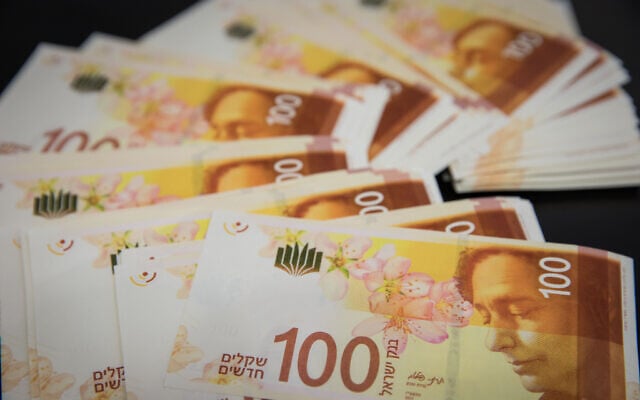 Illustrative — photo of the new 100 Israeli Shekel bill. December 31, 2017. (Nati Shohat/Flash90) Illustrative — photo of the new 100 Israeli Shekel bill. December 31, 2017. (Nati Shohat/Flash90)