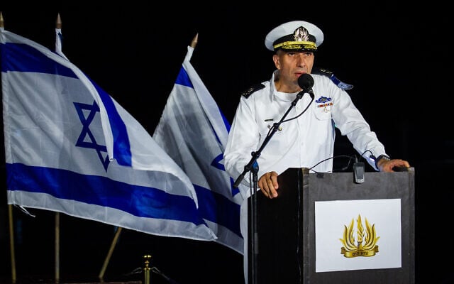 Then-commander of the Israeli Navy, Vice Admiral Eli Sharvit speaks at a graduating ceremony for new Israel Navy Officers in Haifa Naval Base, Northern Israel on September 4, 2019. (Flash90) Then-commander of the Israeli Navy, Vice Admiral Eli Sharvit speaks at a graduating ceremony for new Israel Navy Officers in Haifa Naval Base, Northern Israel on September 4, 2019. (Flash90)