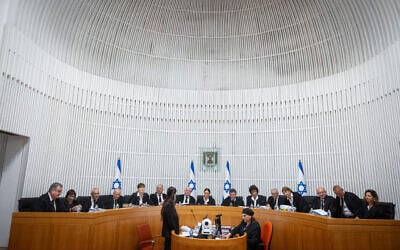 President of the Supreme Court Esther Hayut and all serving Supreme Court justices at a court hearing on petitions against the government's 'Reasonableness Law,' September 12, 2023. (Yonatan Sindel/Flash90)