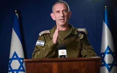 IDF Spokesperson Daniel Hagari gives a statement to the media in Tel Aviv on October 16, 2023. (Avshalom Sassoni/Flash90)