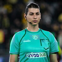 Soccer referee Sapir Berman at an Israeli Premier League match between Beitar Jerusalem and FC Ashdod at the Teddy Stadium in Jerusalem on January 8, 2024. (Oren Ben Hakoon/Flash90)