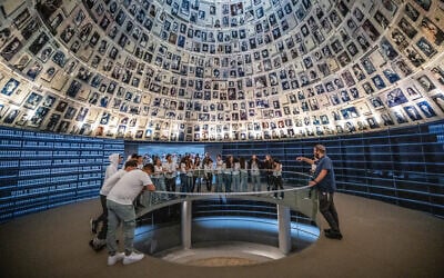 Illustrative: Visitors are seen at the Yad Vashem Holocaust Memorial museum in Jerusalem on May 2, 2024, ahead of Israeli Holocaust Remembrance Day. (Yonatan Sindel/Flash90)