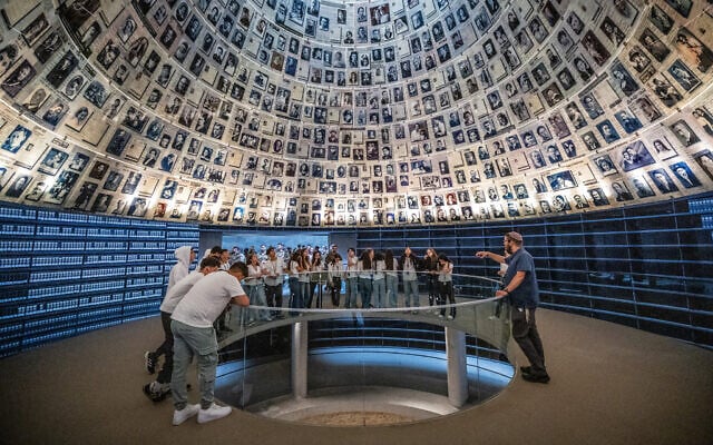 Illustrative: Visitors are seen at the Yad Vashem Holocaust Memorial museum in Jerusalem on May 2, 2024, ahead of Israeli Holocaust Remembrance Day. (Yonatan Sindel/Flash90)