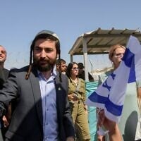 Religious Zionism MK Zvi Sukkot protests against the detention of Israeli reserve soldiers accused of severely abusing a terror suspect, at the Sde Teiman military base near Beersheba, July 29, 2024. (Dudu Greenspan/Flash90)
