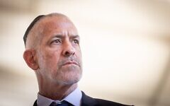 Shin Bet chief Ronen Bar attends a state ceremony marking the Hebrew anniversary of the October 7, 2023, Hamas-led attack, at the Mount Herzl military cemetery in Jerusalem on October 27, 2024. (Chaim Goldberg/Flash90)