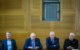 (L-R) Democrats chair Yair Golan, National Unity chair Benny Gantz, Yesh Atid chair Yair Lapid, and Yisrael Beytenu party Avigdor Liberman hold a joint press conference at the Knesset, in Jerusalem, November 6, 2024. (Yonatan Sindel/Flash90)