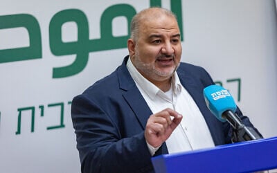 Ra'am party head MK Mansour Abbas leads a faction meeting, at the Knesset, the Israeli parliament in Jerusalem, on February 10, 2025. (Yonatan Sindel/Flash90)