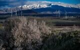 View of the snow-peaked Syrian part of Mount Hermon seen from Kibbutz Ein Zivan, northern Golan Heights, February 23, 2025. (Michael Giladi/Flash90)