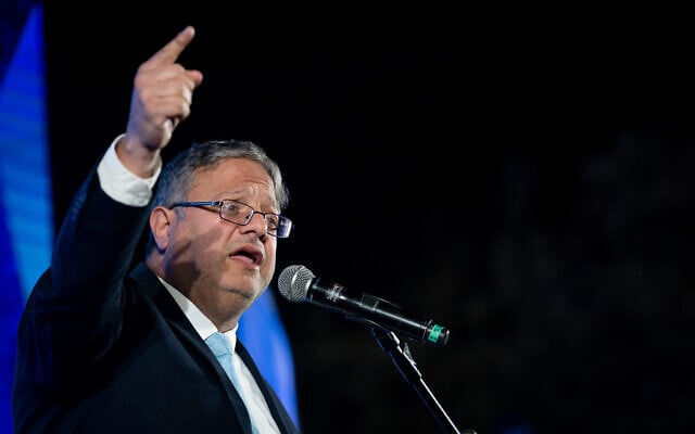 Former national security minister Itamar Ben Gvir attends a rally for the reestablishment of settlements in the Gaza Strip, in Jerusalem, February 27, 2025. (Yonatan Sindel/Flash90)