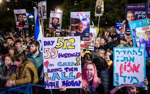Israelis attend a rally calling for the release of hostages held by Hamas terrorists in Gaza, at Hostages Square in Tel Aviv on March 1, 2025. (Avshalom Sassoni/Flash90) Israelis attend a rally calling for the release of hostages held by Hamas terrorists in Gaza, at Hostages Square in Tel Aviv on March 1, 2025. (Avshalom Sassoni/Flash90)
