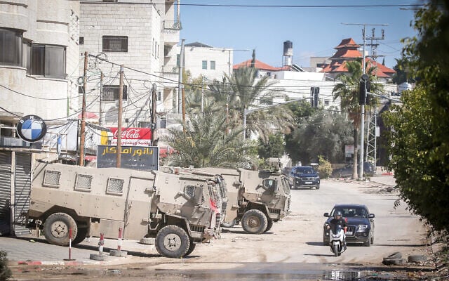Israeli army vehicles enter the Nour Shams camp east of the West Bank city of Tulkarm, on March 2, 2025 (Nasser
Ishtayeh/Flash90)