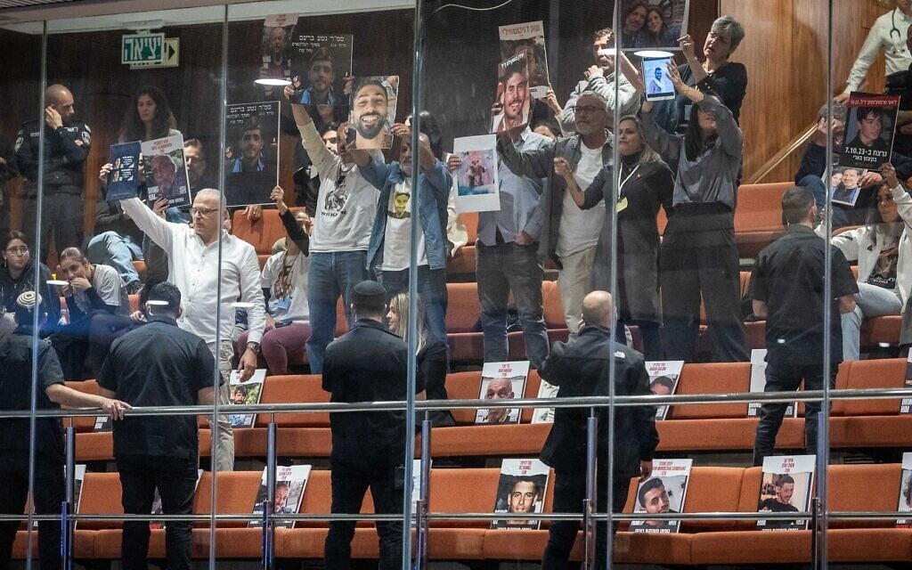 Bereaved families, hostages' families and survivors of the October 7 massacre react as Prime Minister Benjamin Netanyahu speaks during a 40-signatures debate in the Knesset, March 3, 2025. (Chaim Goldberg/Flash90) Bereaved families, hostages' families and survivors of the October 7 massacre react as Prime Minister Benjamin Netanyahu speaks during a 40-signatures debate in the Knesset, March 3, 2025. (Chaim Goldberg/Flash90)