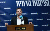 Finance Minister Bezalel Smotrich leads a faction meeting of his Religious Zionist Party at the Knesset, in Jerusalem, March 3, 2025. (Chaim Goldberg/Flash90)