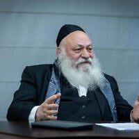 Housing and Construction Minister Yitzhak Goldknopf and head of the United Torah Judaism speaks at a faction meeting, March 3, 2025. (Chaim Goldberg/Flash90)
