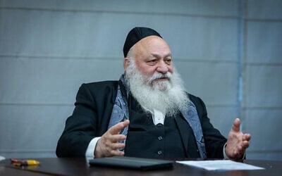 Housing and Construction Minister Yitzhak Goldknopf and head of the United Torah Judaism speaks at a faction meeting, March 3, 2025. (Chaim Goldberg/Flash90)