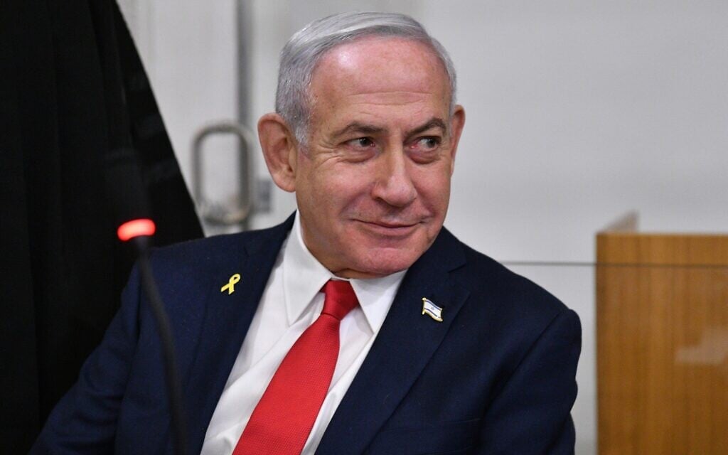 Prime Minister Benjamin Netanyahu in the courtroom at the District Court in Tel Aviv on March 3, 2025 (Reuven Kastro/POOL)