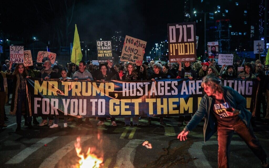 Demonstrators call for the release of hostages held by Hamas in the Gaza Strip, in Tel Aviv, March 8, 2025. (Itai Ron/Flash90)