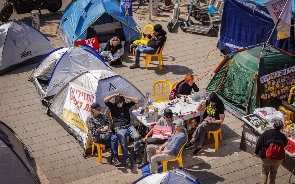 A protest encampment set up by families of Israelis held hostage by Hamas terrorists in Gaza and supporters, outside IDF headquarters in Tel Aviv, March 9, 2025. (Miriam Alster/Flash90)