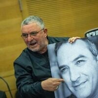 Danny Elgarat, the brother of slain hostage Itzik Elgarat, speaks during a National Security Committee meeting at the Knesset on March 10, 2025. (Yonatan Sindel/Flash90)