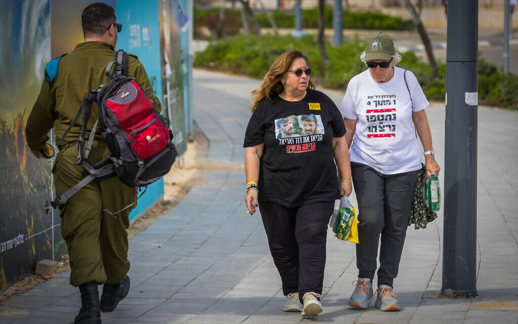 Sylvia Cunio, mother of hostages David and Ariel Cunio, arrives to the presentation of the military's findings on the October 7 massacre investigation at Kibbutz Nir Oz, in Carmei Gat, March 13, 2025. (Liron Moldovan/Flash90)