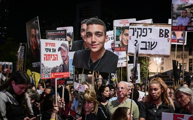 Israelis attend a rally to demand the release of hostages held by Hamas in Gaza, at Hostages Square in Tel Aviv, March 15, 2025. (Avshalom Sassoni/Flash90) Israelis attend a rally to demand the release of hostages held by Hamas in Gaza, at Hostages Square in Tel Aviv, March 15, 2025. (Avshalom Sassoni/Flash90)