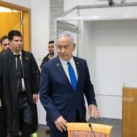 Prime Minister Benjamin Netanyahu arrives at the Tel Aviv District Court to testify in his corruption trial, March 17, 2025. (Tomer Appelbaum/Pool)