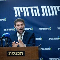 Finance Minister Bezalel Smotrich leads a faction meeting for his Religious Zionism party at the Knesset in Jerusalem, March 17, 2025. (Yonatan Sindel/Flash90)
