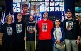 From left to right: Freed hostages Aviva Siegel, Keith Siegel, Yarden Bibas, Iair Horn, Yocheved Lifshitz and Sasha Troufanov attend a rally at Hostages Square in Tel Aviv, March 18, 2025. (Avshalom Sassoni/Flash90)