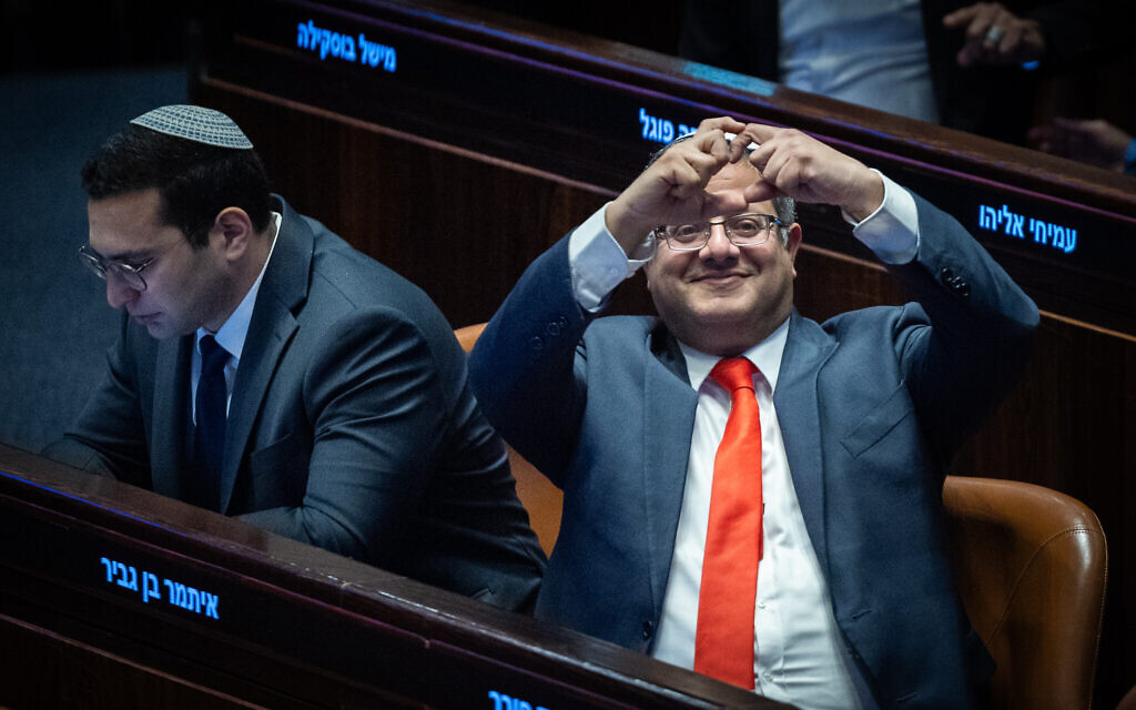 Newly reinstated National Security Minister Itamar Ben Gvir in the Knesset plenum in Jerusalem on March 19, 2025. (Yonatan Sindel/Flash90)