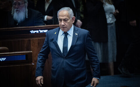 Prime Minister Benjamin Netanyahu in the Knesset plenum in Jerusalem on March 19, 2025. (Yonatan Sindel/Flash90)