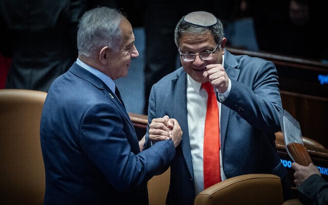 Prime Minister Benjamin Netanyahu, left, and newly reinstated National Security Minister Itamar Ben Gvir in the Knesset plenum in Jerusalem, March 19, 2025. (Yonatan Sindel/ Flash90) Prime Minister Benjamin Netanyahu, left, and newly reinstated National Security Minister Itamar Ben Gvir in the Knesset plenum in Jerusalem, March 19, 2025. (Yonatan Sindel/ Flash90)