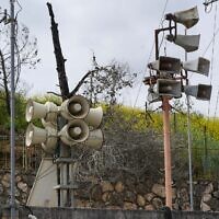 Siren speakers near the northern Israel border with Lebanon, March 22, 2025. (Ayal Margolin/Flash90)