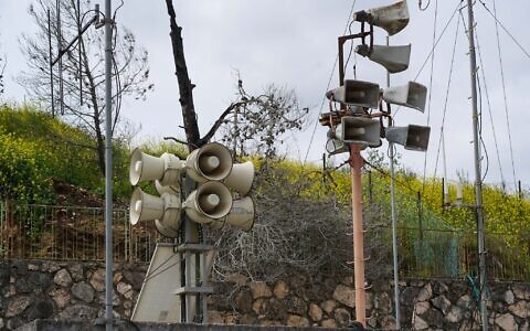 Siren speakers near the northern Israel border with Lebanon, March 22, 2025. (Ayal Margolin/Flash90)