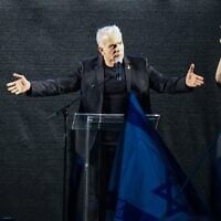 Opposition Leader Yair Lapid addresses a rally against the government at Habima Square in Tel Aviv, March 22, 2025. (Dor Pazuelo/Flash90)