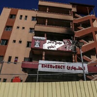 The Nasser Hospital in Khan Younis, in the southern Gaza Strip, is seen on March 24, 2025, after part of it was struck a day earlier, killing top Hamas official Ismail Barhoum. (Abed Rahim Khatib/Flash90)