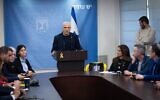 Yesh Atid party chair Yair Lapid leads a faction meeting at the Knesset, on March 24, 2025. (Yonatan Sindel/Flash90)