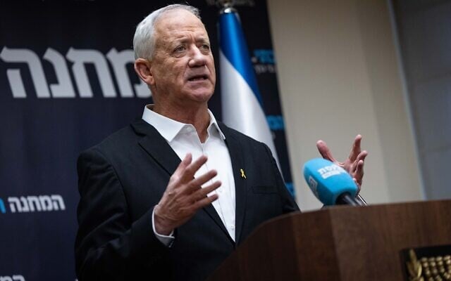 National Unity party head MK Benny Gantz leads a faction meeting at the Knesset, March 24, 2025. (Yonatan Sindel/Flash90) National Unity party head MK Benny Gantz leads a faction meeting at the Knesset, March 24, 2025. (Yonatan Sindel/Flash90)