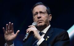 President Isaac Herzog attends a conference organized by the Defense Ministry Rehabilitation Department held at the Tel Aviv University, March 25, 2025. (Tomer Neuberg/FLASH90)