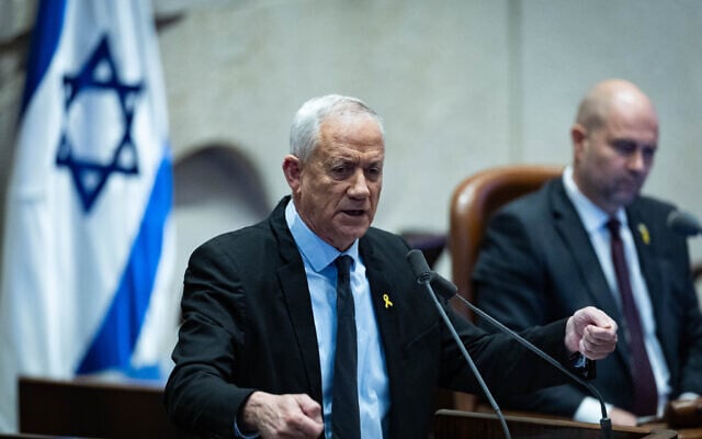 National Unity chairman Benny Gantz speaks in the Knesset, March 26, 2025 (Flash90)