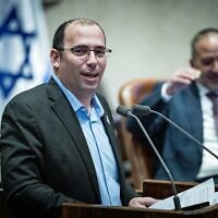 Religious Zionism MK Simcha Rothman, head of the Knesset's Constitution, Law and Justice Committee, introduces the law to remake Israel's Judicial Selection Committee, in the Knesset on March 26, 2025. (Yonatan Sindel/Flash90)