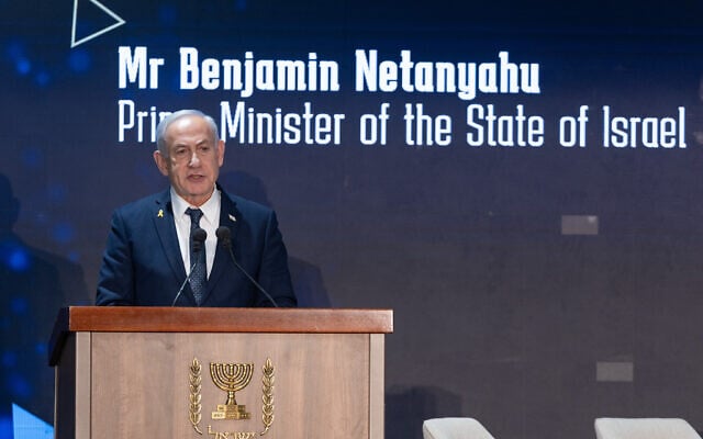 Prime Minister Benjamin Netanyahu attends a conference organized by the Ministry of Diaspora Affairs, at the International Convention Center in Jerusalem on March 27, 2025. (Yonatan Sindel/Flash90) Prime Minister Benjamin Netanyahu attends a conference organized by the Ministry of Diaspora Affairs, at the International Convention Center in Jerusalem on March 27, 2025. (Yonatan Sindel/Flash90)